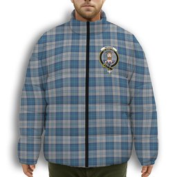ScotsTee Shop Scottish Menzies Dress Blue and White Crest Tartan Collar Down Jacket Winter White Duck Down Plaid