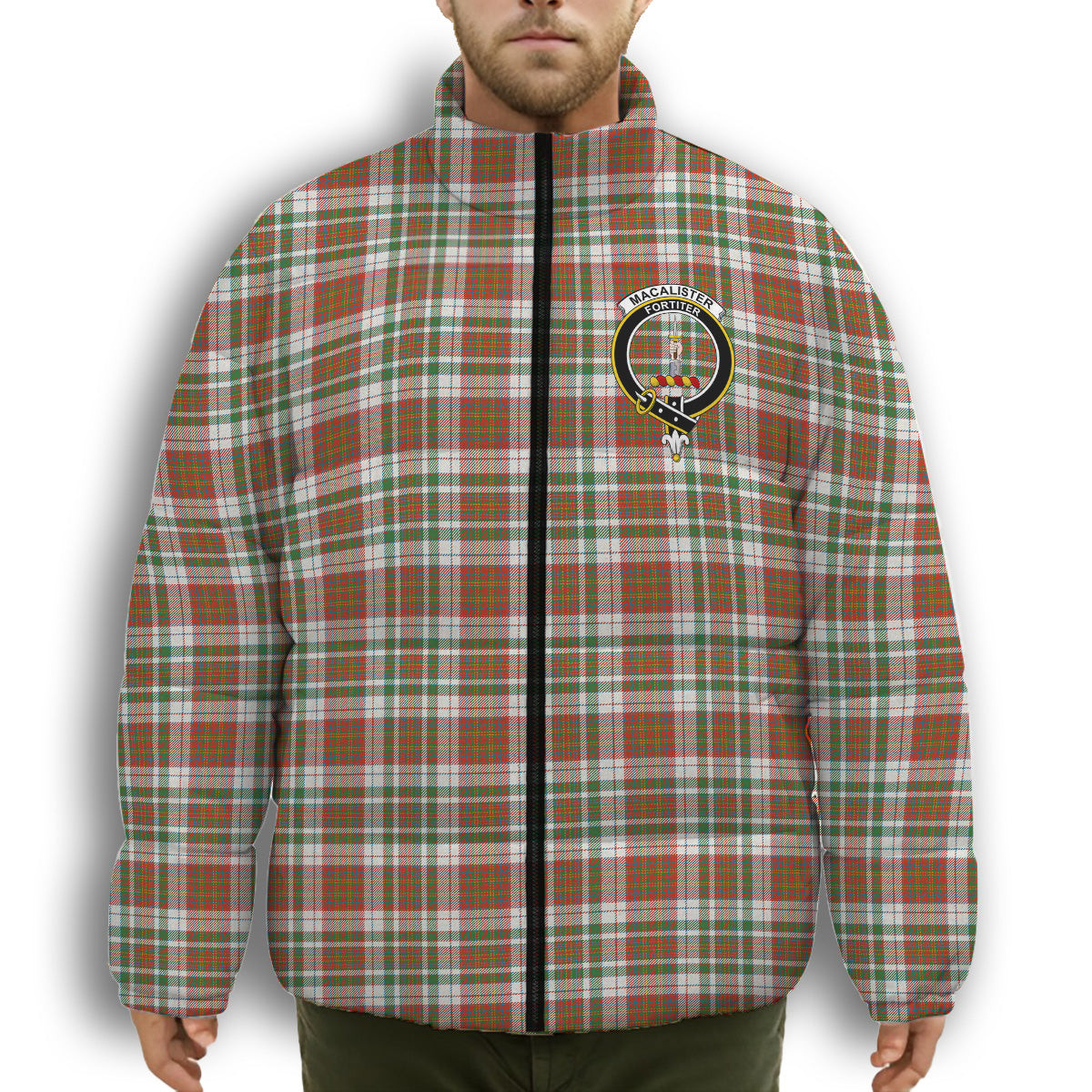 ScotsTee Shop Scottish MacAlister Dress Ancient Crest Tartan Collar Down Jacket Winter White Duck Down Plaid