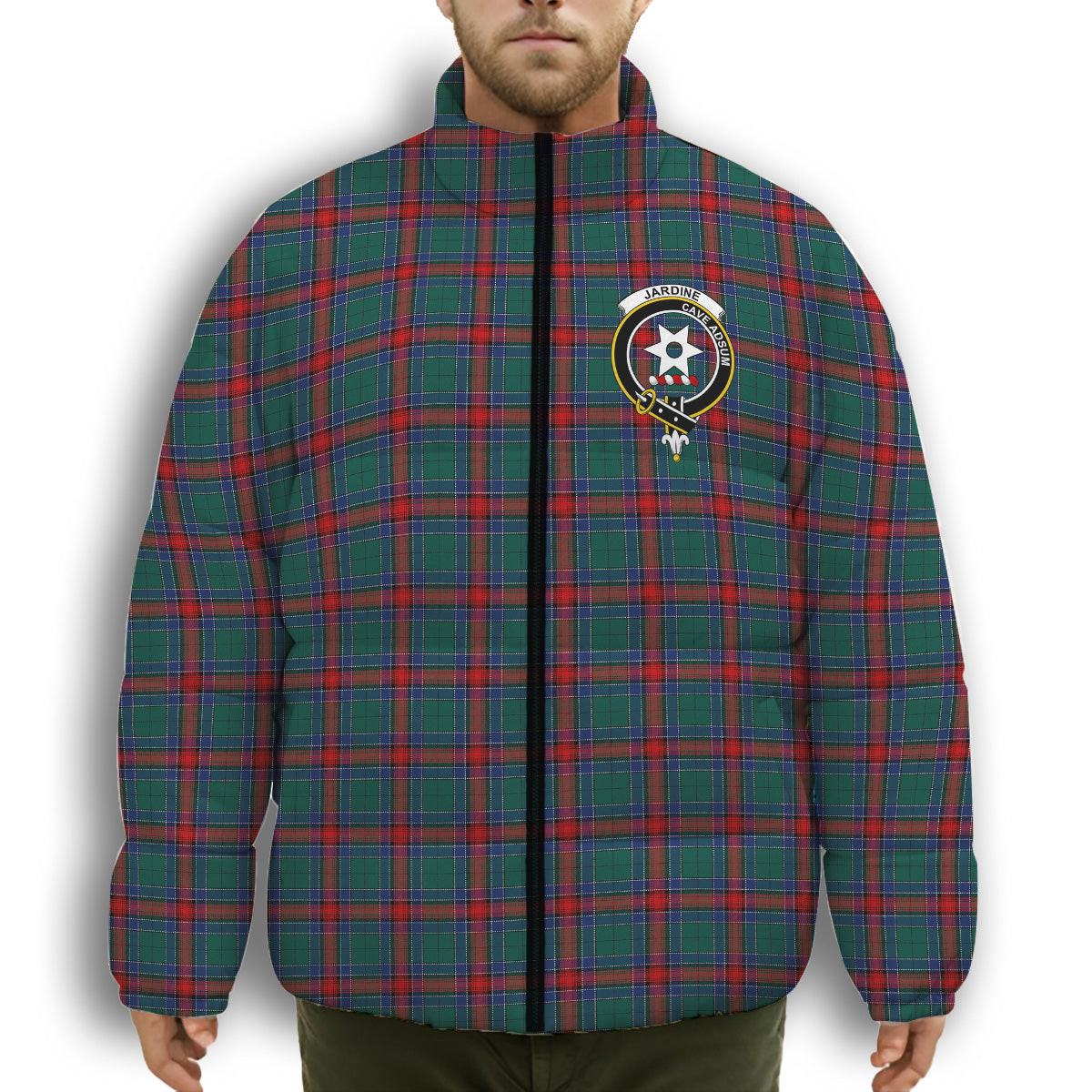ScotsTee Shop Scottish Jardine Dress Modern Crest Tartan Collar Down Jacket Winter White Duck Down Plaid