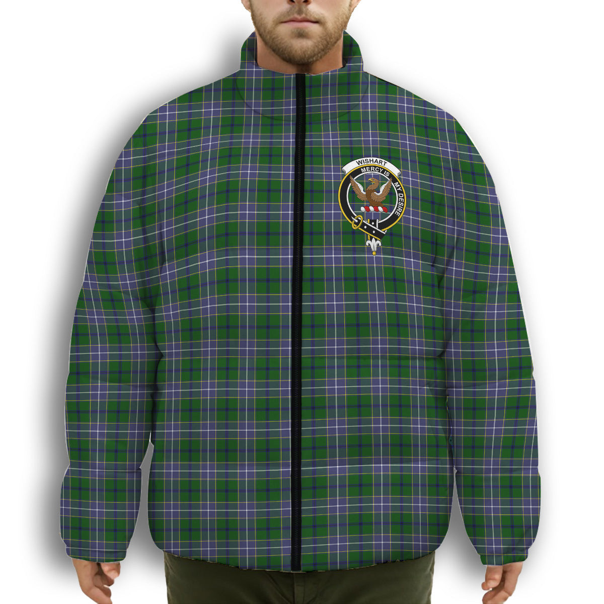 ScotsTee Shop Scottish Wishart Hunting SC Crest Tartan Collar Down Jacket Winter White Duck Down Plaid