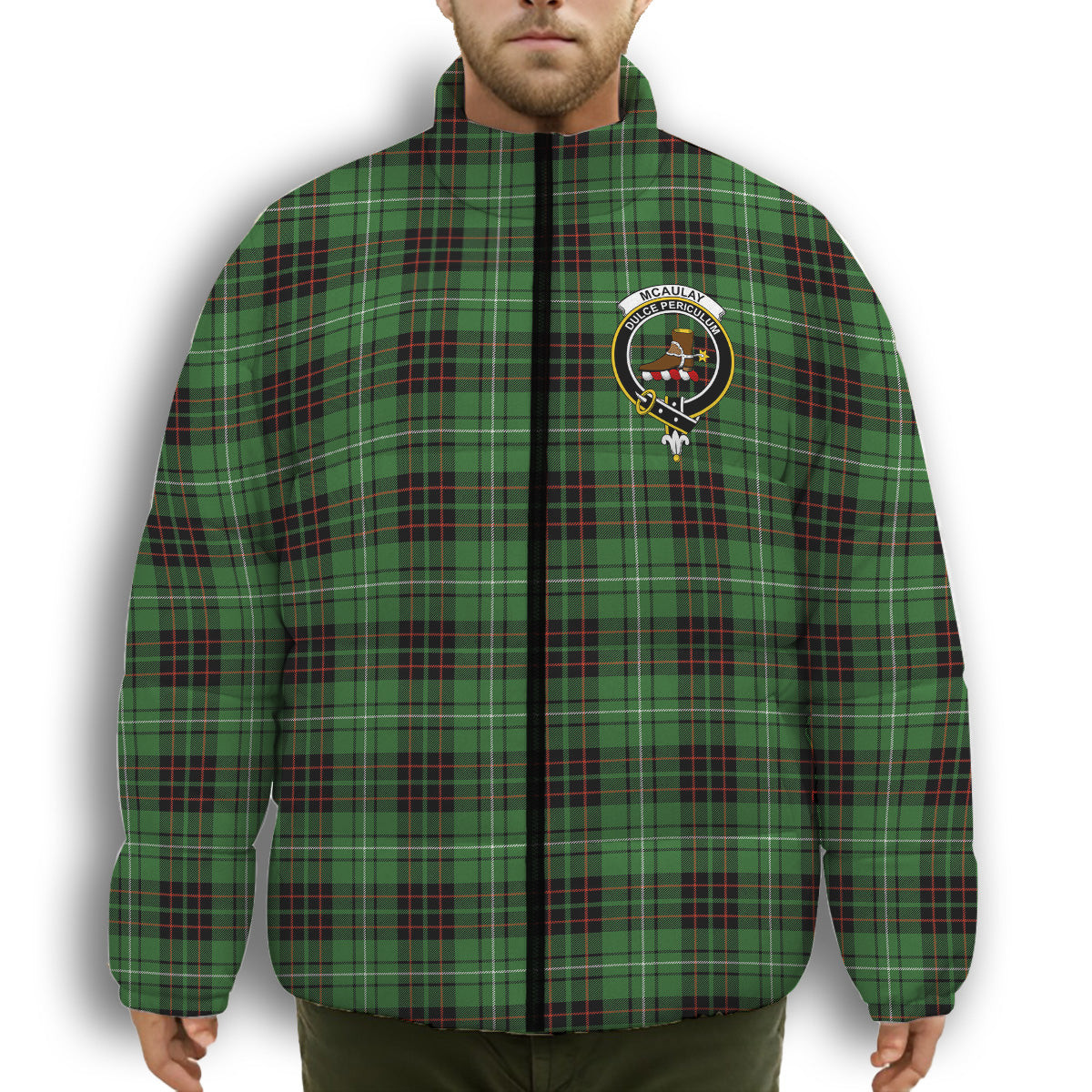 ScotsTee Shop Scottish McAulay of Lewis Ancient Crest Tartan Collar Down Jacket Winter White Duck Down Plaid