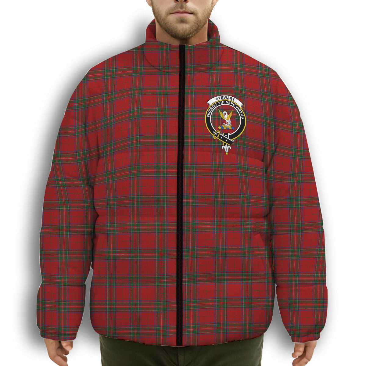 ScotsTee Shop Scottish Stewart of Rothesay 2 Crest Tartan Collar Down Jacket Winter White Duck Down Plaid