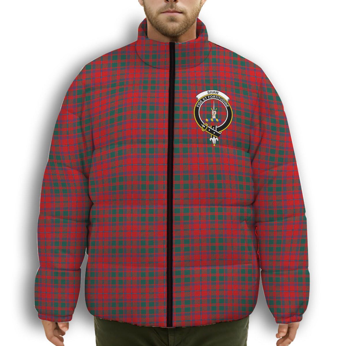 ScotsTee Shop Scottish Shaw of Tordarroch Modern Crest Tartan Collar Down Jacket Winter White Duck Down Plaid
