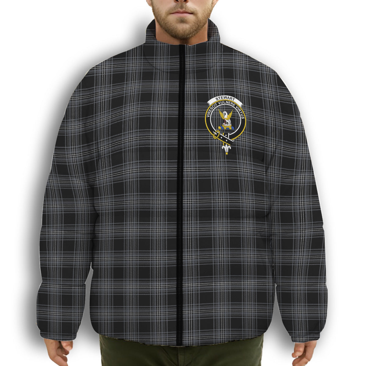 ScotsTee Shop Scottish Stewart Mourning Originaux Ancient Clan Crest Tartan Collar Down Jacket Winter White Duck Down Plaid