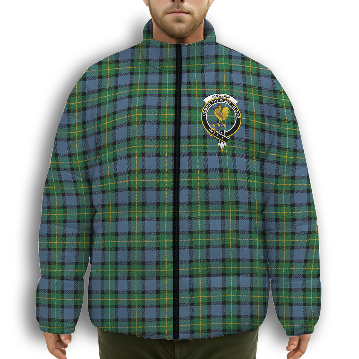 ScotsTee Shop Scottish Sinclair of Ulster Ancient Crest Tartan Collar Down Jacket Winter White Duck Down Plaid