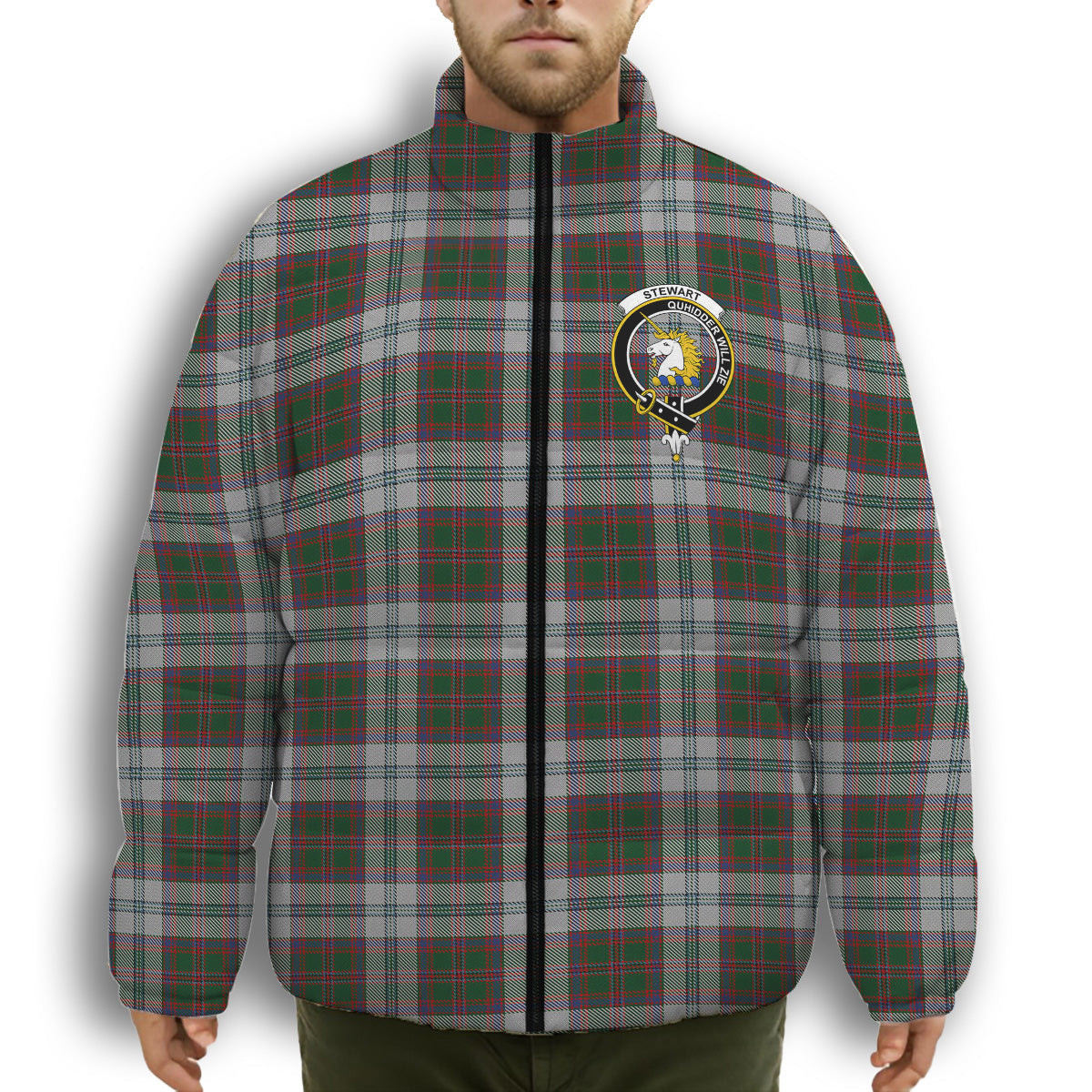 ScotsTee Shop Scottish Stewart of Appin Dress Crest Tartan Collar Down Jacket Winter White Duck Down Plaid
