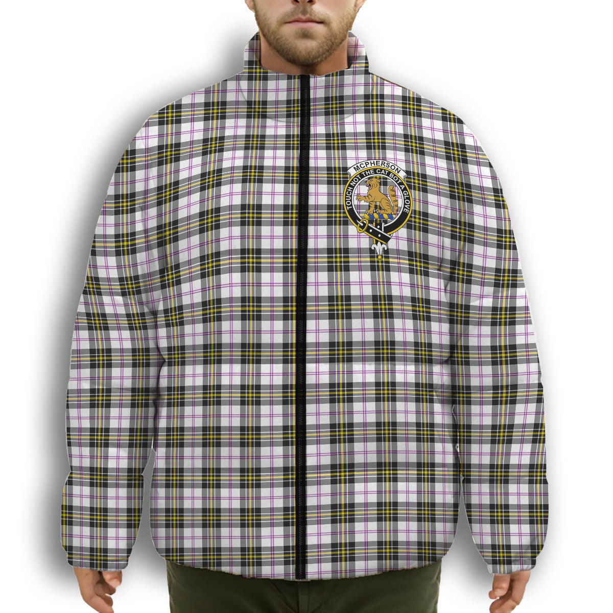ScotsTee Shop Scottish McPherson Dress Modern Crest Tartan Collar Down Jacket Winter White Duck Down Plaid