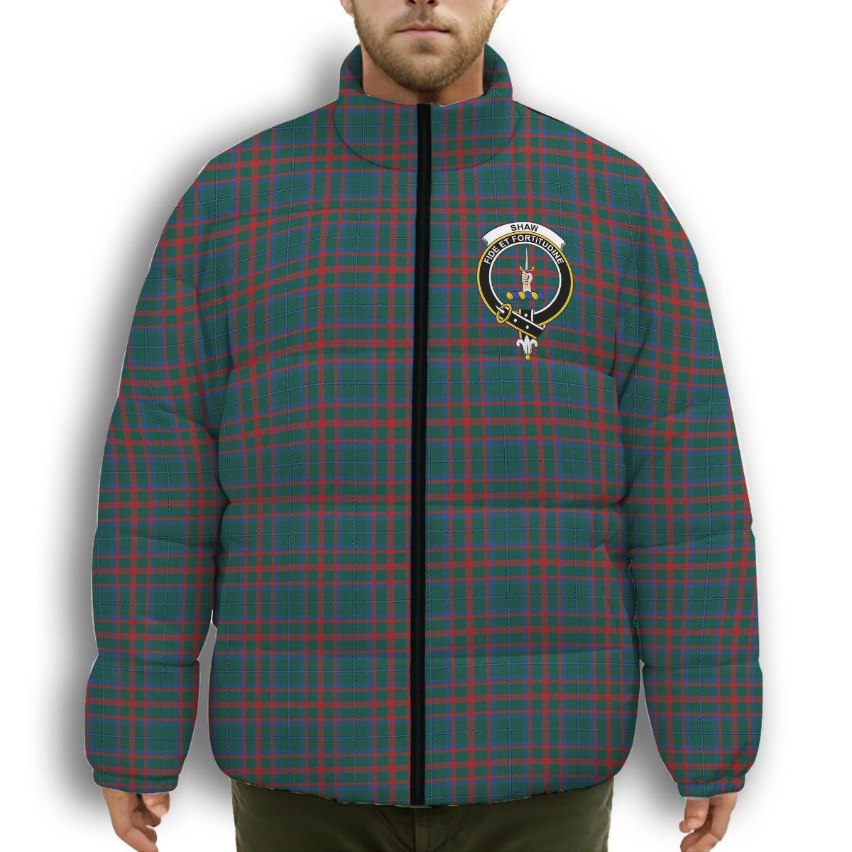 ScotsTee Shop Scottish Shaw of Tordarroch Hunting Modern Crest Tartan Collar Down Jacket Winter White Duck Down Plaid
