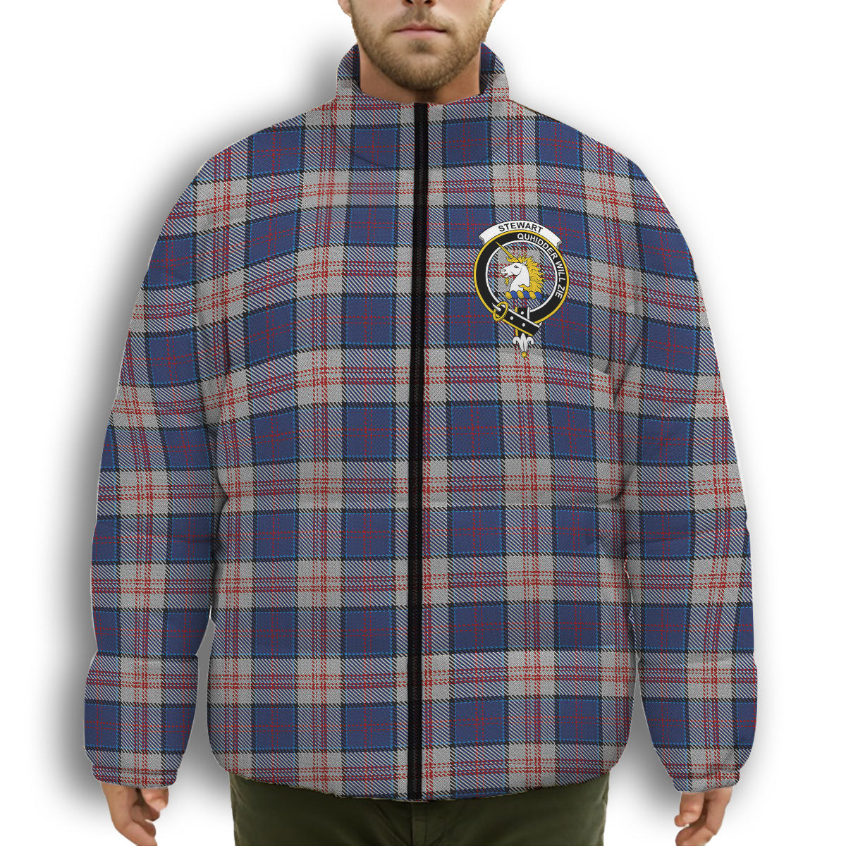 ScotsTee Shop Scottish Stewart of Appin Hunting Dress Crest Tartan Collar Down Jacket Winter White Duck Down Plaid