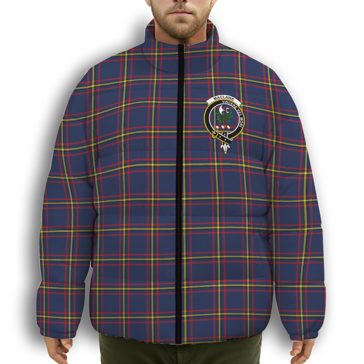 ScotsTee Shop Scottish MacLaine of Lochbuie Hunting Modern Crest Tartan Collar Down Jacket Winter White Duck Down Plaid