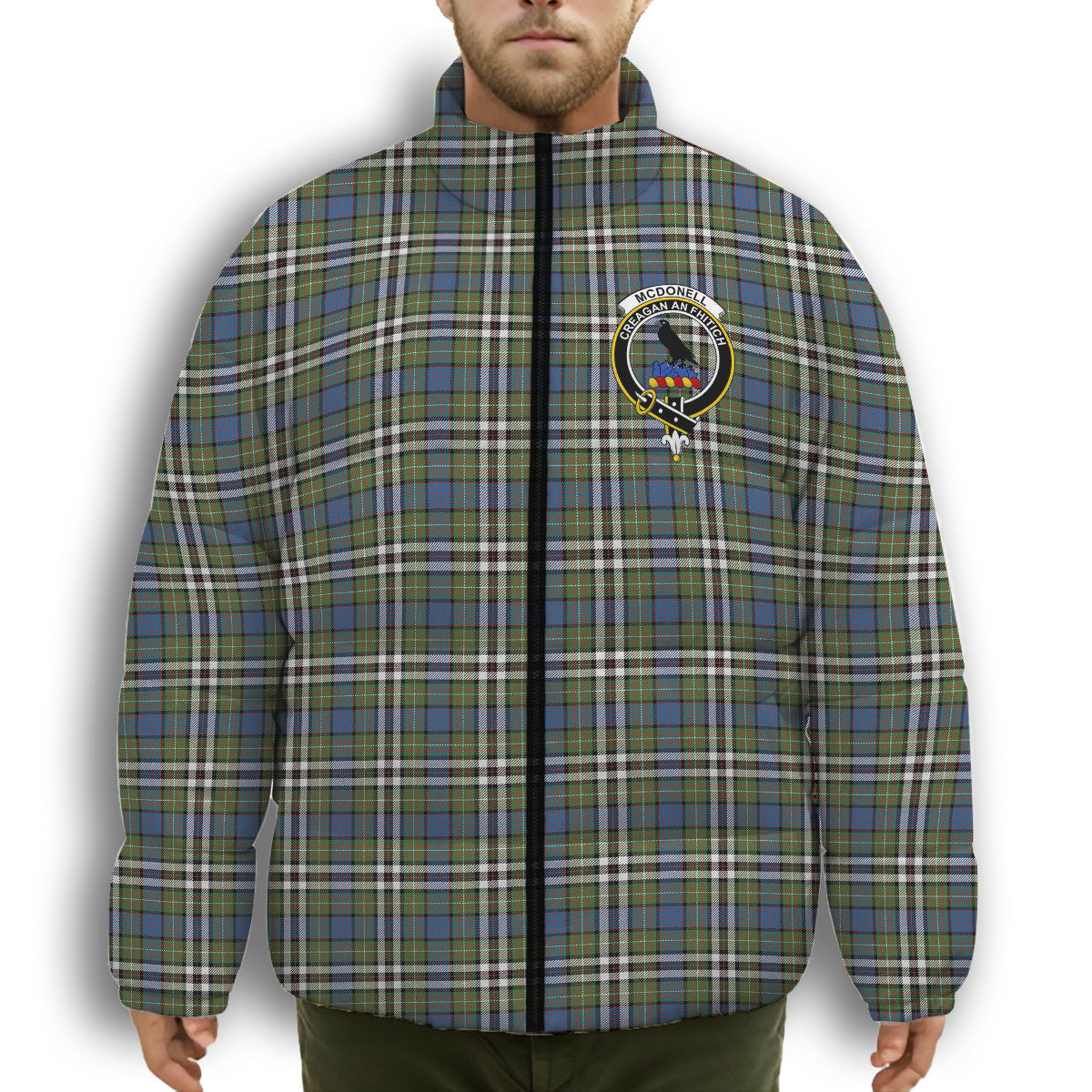 ScotsTee Shop Scottish McDonell of Glengarry Dress Ancient Crest Tartan Collar Down Jacket Winter White Duck Down Plaid