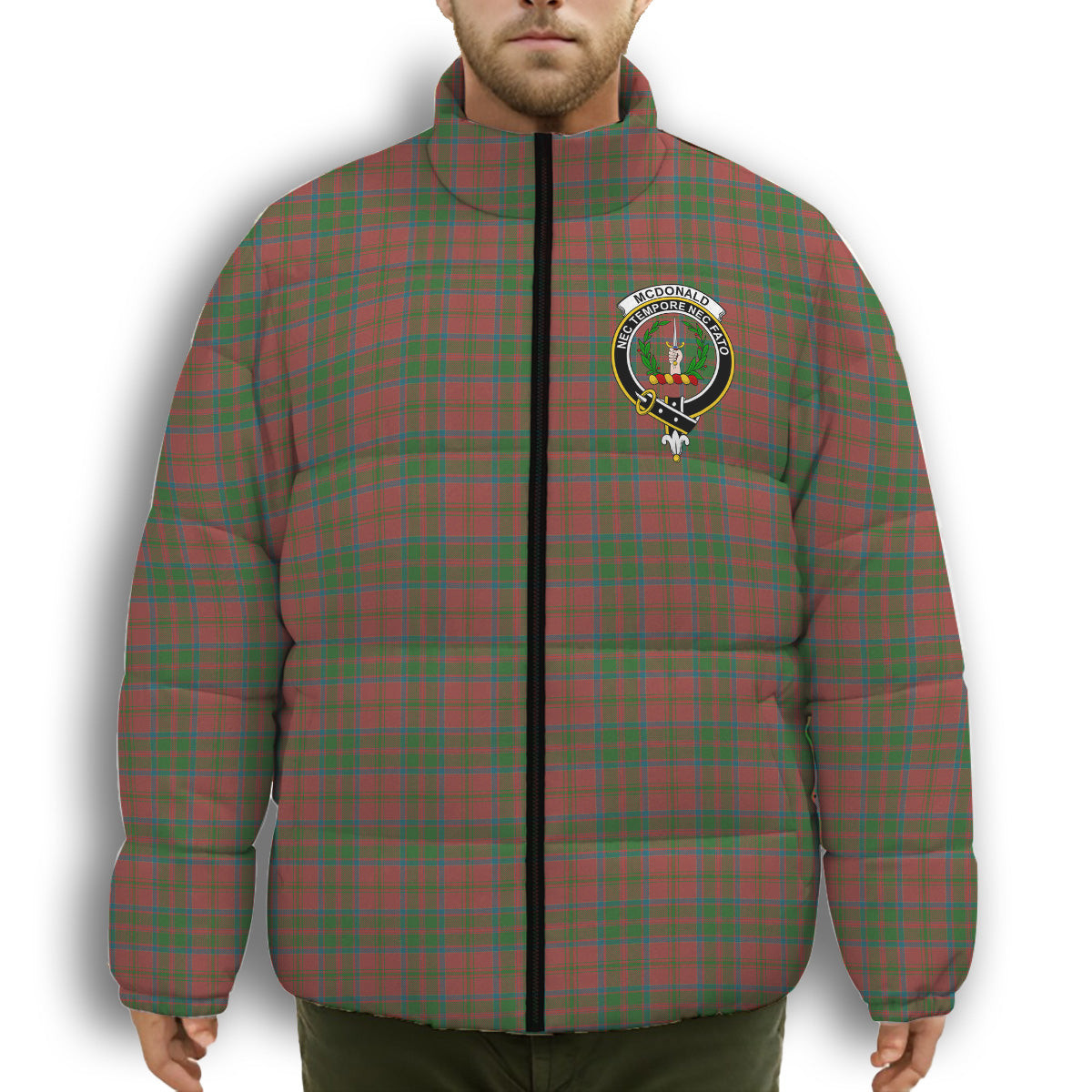 ScotsTee Shop Scottish McDonald of Glencoe Ancient Crest Tartan Collar Down Jacket Winter White Duck Down Plaid