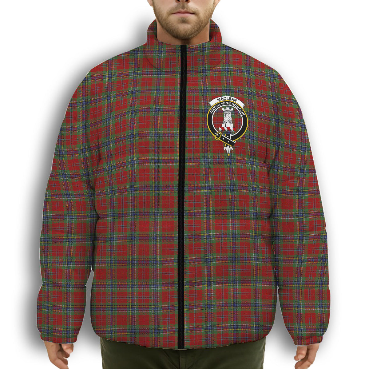 ScotsTee Shop Scottish MacLean of Duart Crest Tartan Collar Down Jacket Winter White Duck Down Plaid