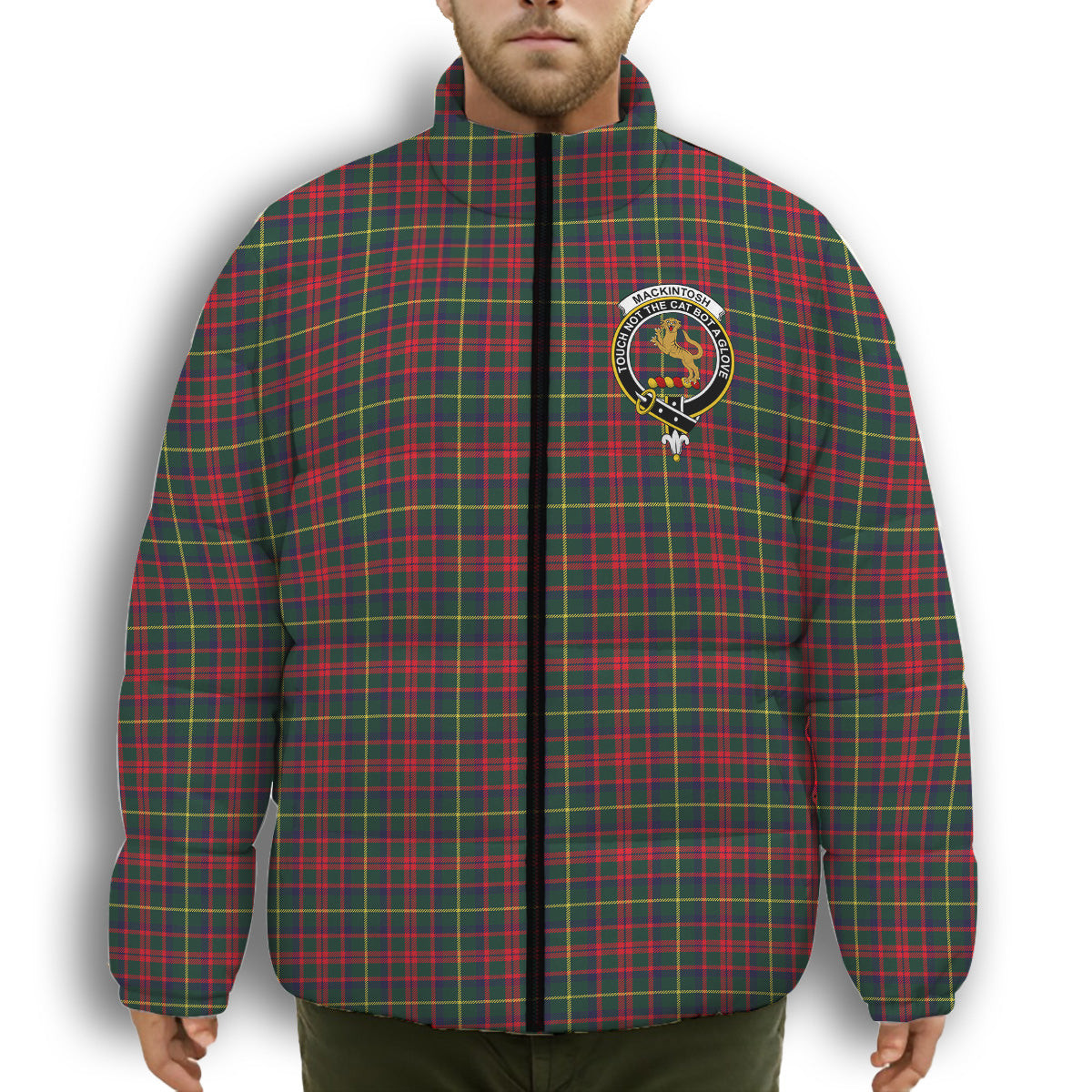 ScotsTee Shop Scottish MacKintosh Hunting Modern Crest Tartan Collar Down Jacket Winter White Duck Down Plaid