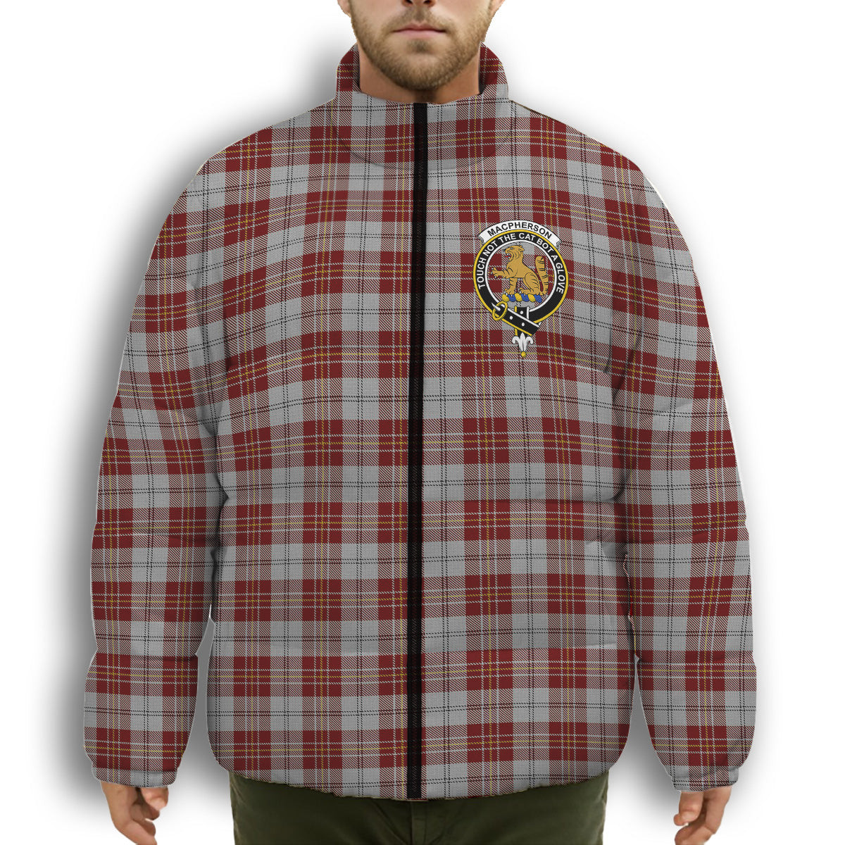ScotsTee Shop Scottish MacPherson Dress Burgundy Dance Crest Tartan Collar Down Jacket Winter White Duck Down Plaid