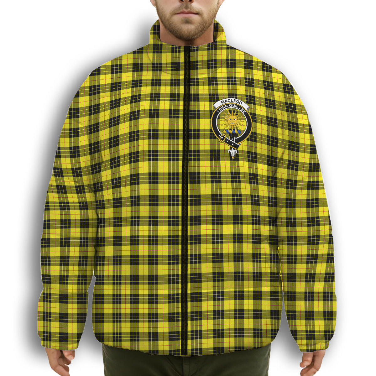 ScotsTee Shop Scottish MacLeod of Lewis Modern Crest Tartan Collar Down Jacket Winter White Duck Down Plaid