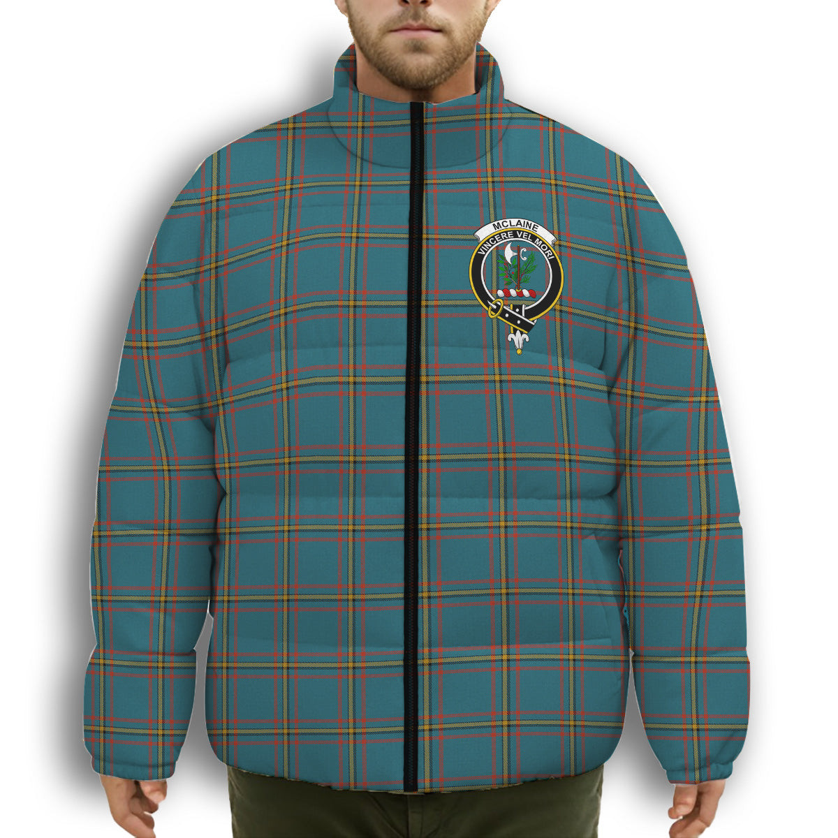 ScotsTee Shop Scottish McLaine of Lochbuie Hunting Ancient Crest Tartan Collar Down Jacket Winter White Duck Down Plaid