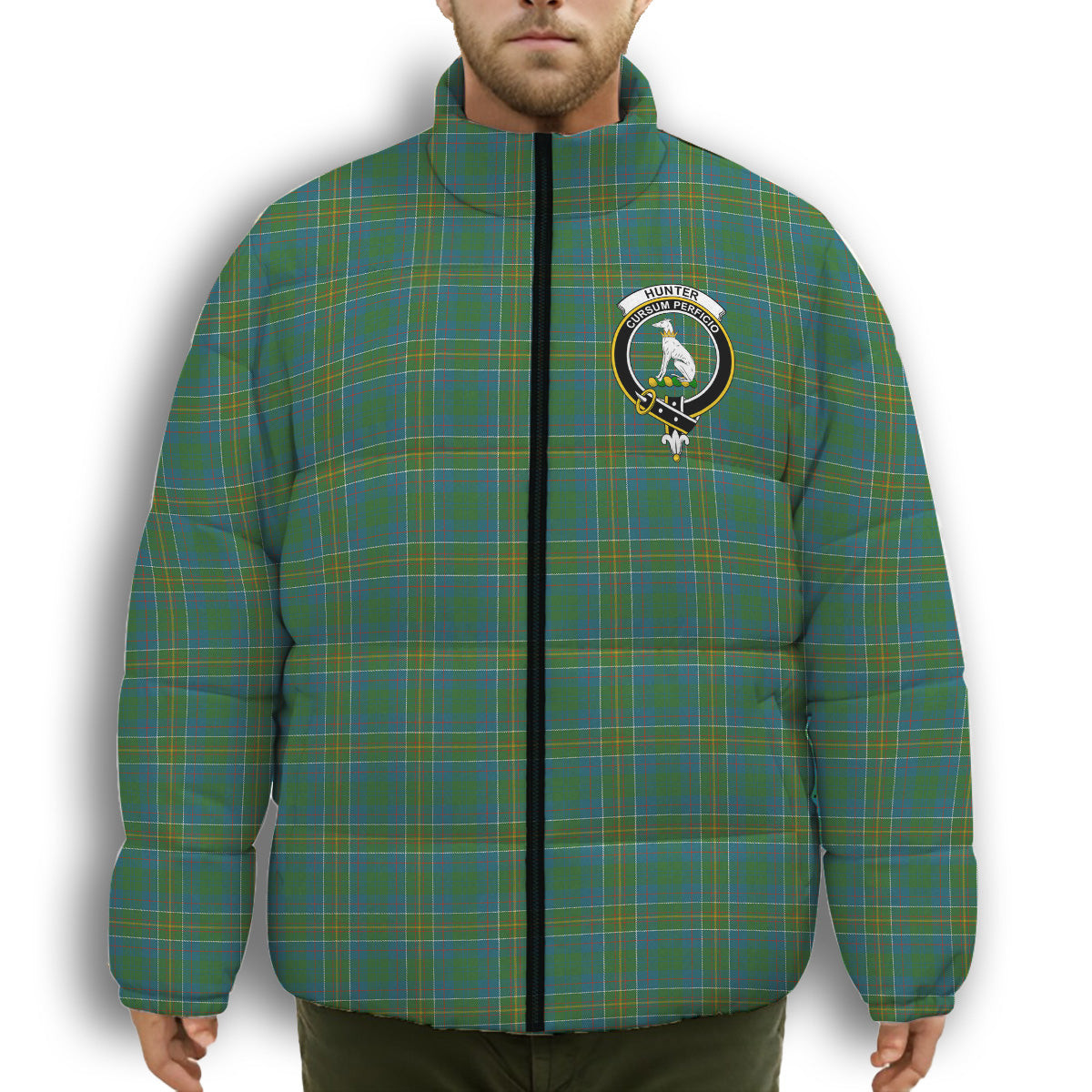 ScotsTee Shop Scottish Hunter of Hunterston Ancient Crest Tartan Collar Down Jacket Winter White Duck Down Plaid