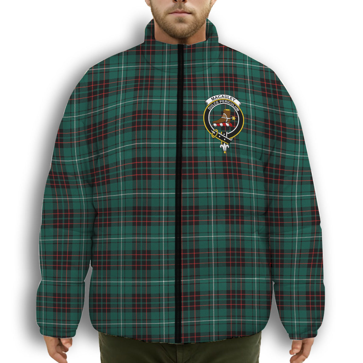 ScotsTee Shop Scottish MacAuley of Lewis Modern Crest Tartan Collar Down Jacket Winter White Duck Down Plaid