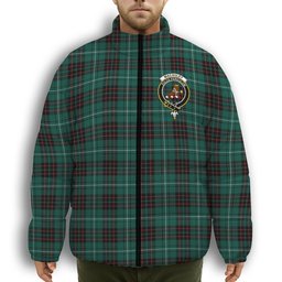 ScotsTee Shop Scottish MacAuley of Lewis Modern Crest Tartan Collar Down Jacket Winter White Duck Down Plaid