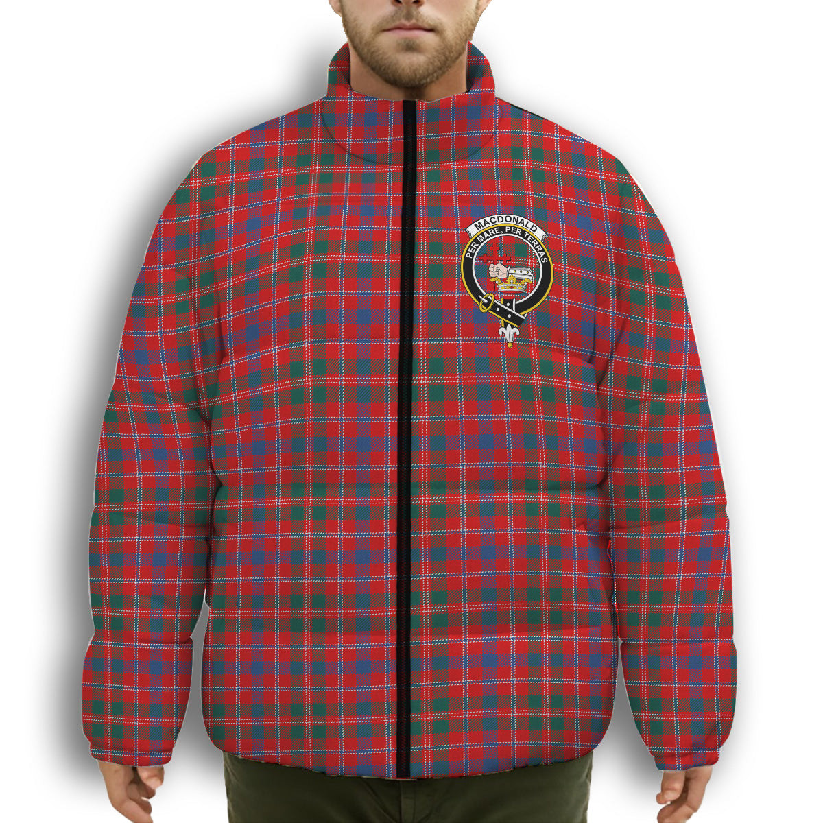 ScotsTee Shop Scottish MacDonald of Glenaladale Modern Crest Tartan Collar Down Jacket Winter White Duck Down Plaid