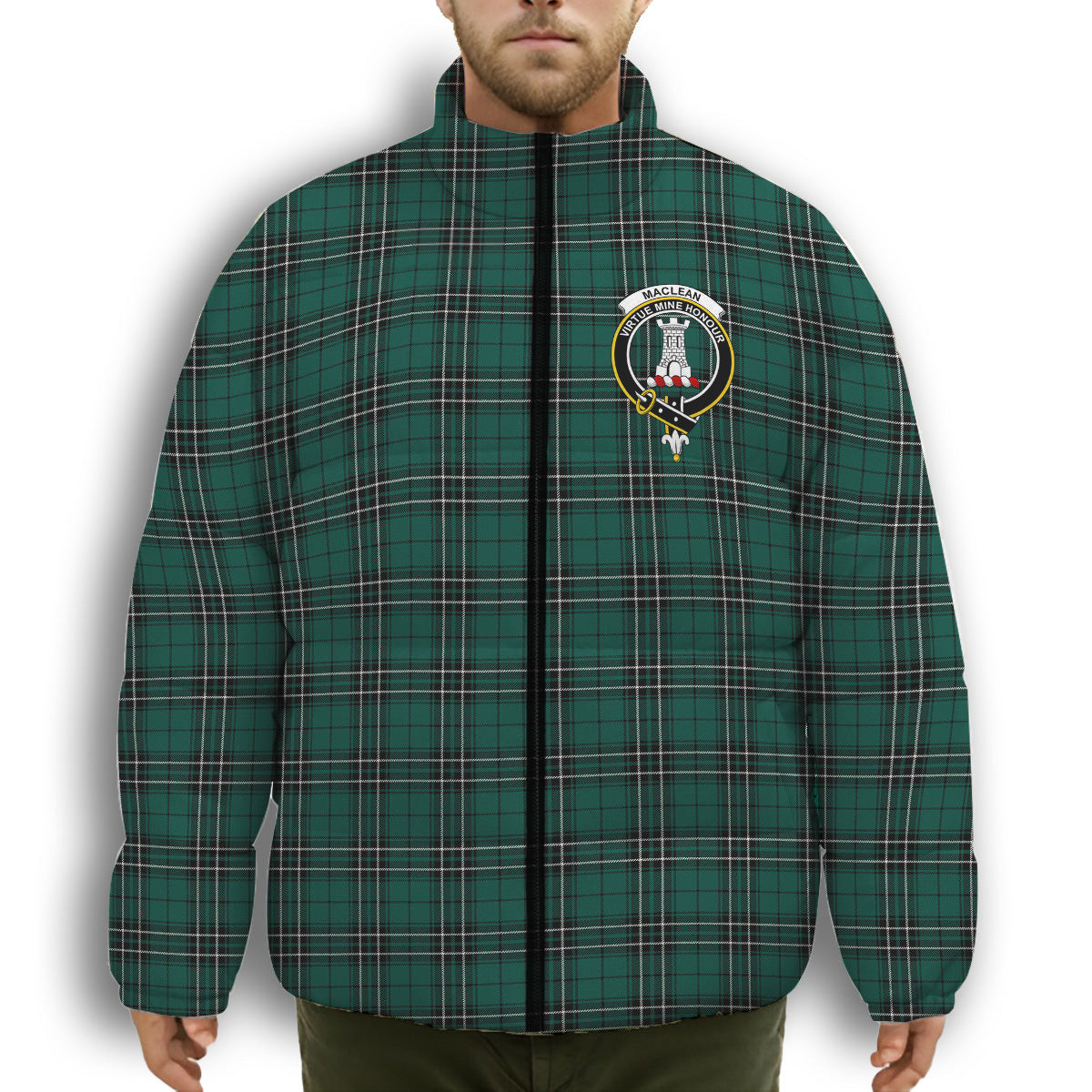 ScotsTee Shop Scottish MacLean of Duart Hunting Modern Crest Tartan Collar Down Jacket Winter White Duck Down Plaid