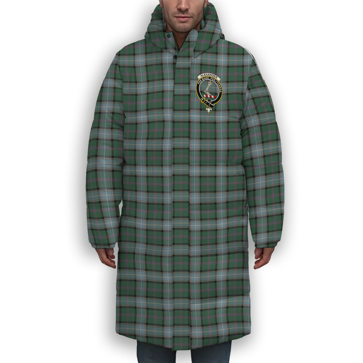 ScotsTee Shop Scottish Alexander of Menstry Hunting Crest Tartan Long Down Jacket Winter White Duck Down Plaid