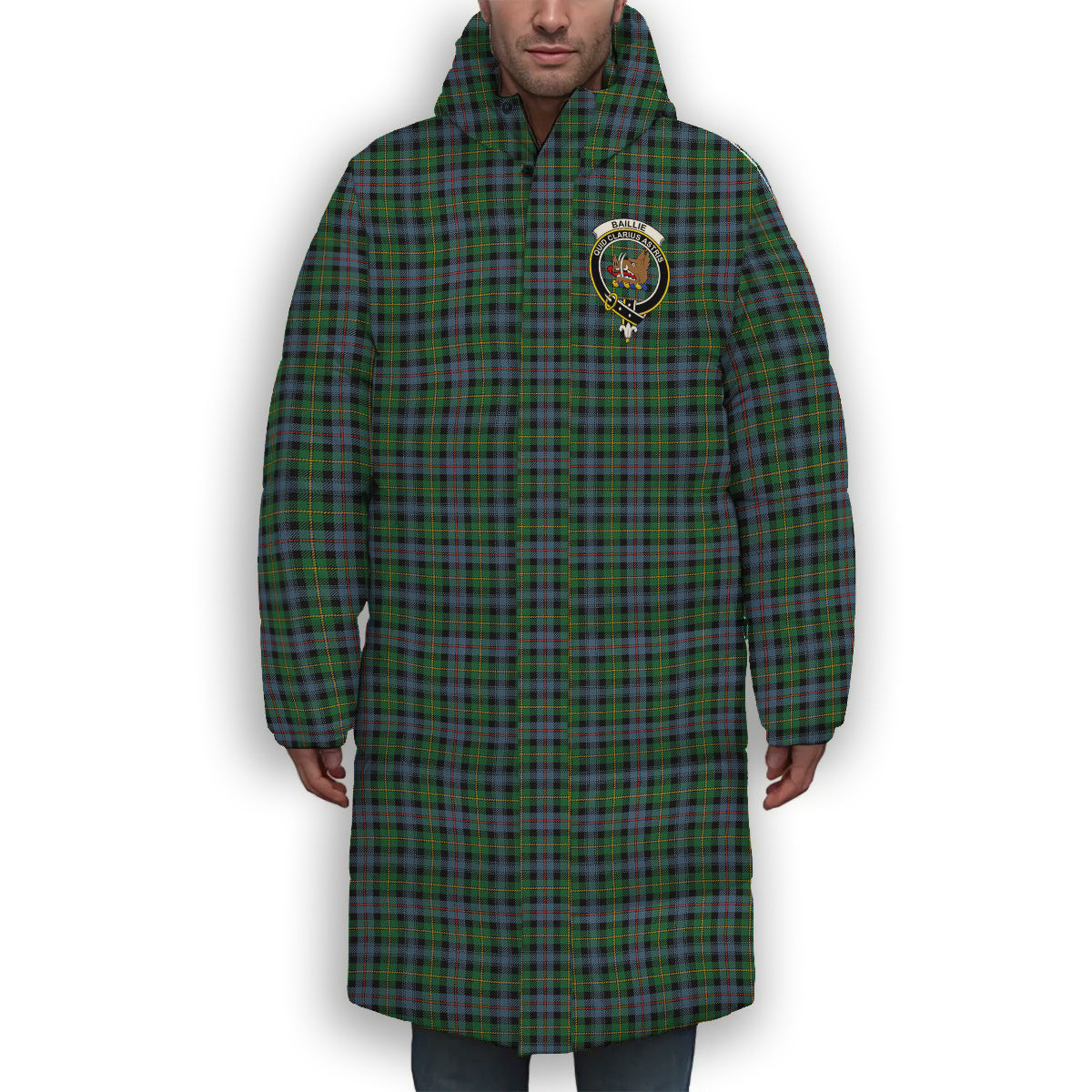 ScotsTee Shop Scottish Baillie of Lamington Ancient Clan Crest Tartan Long Down Jacket Winter White Duck Down Plaid