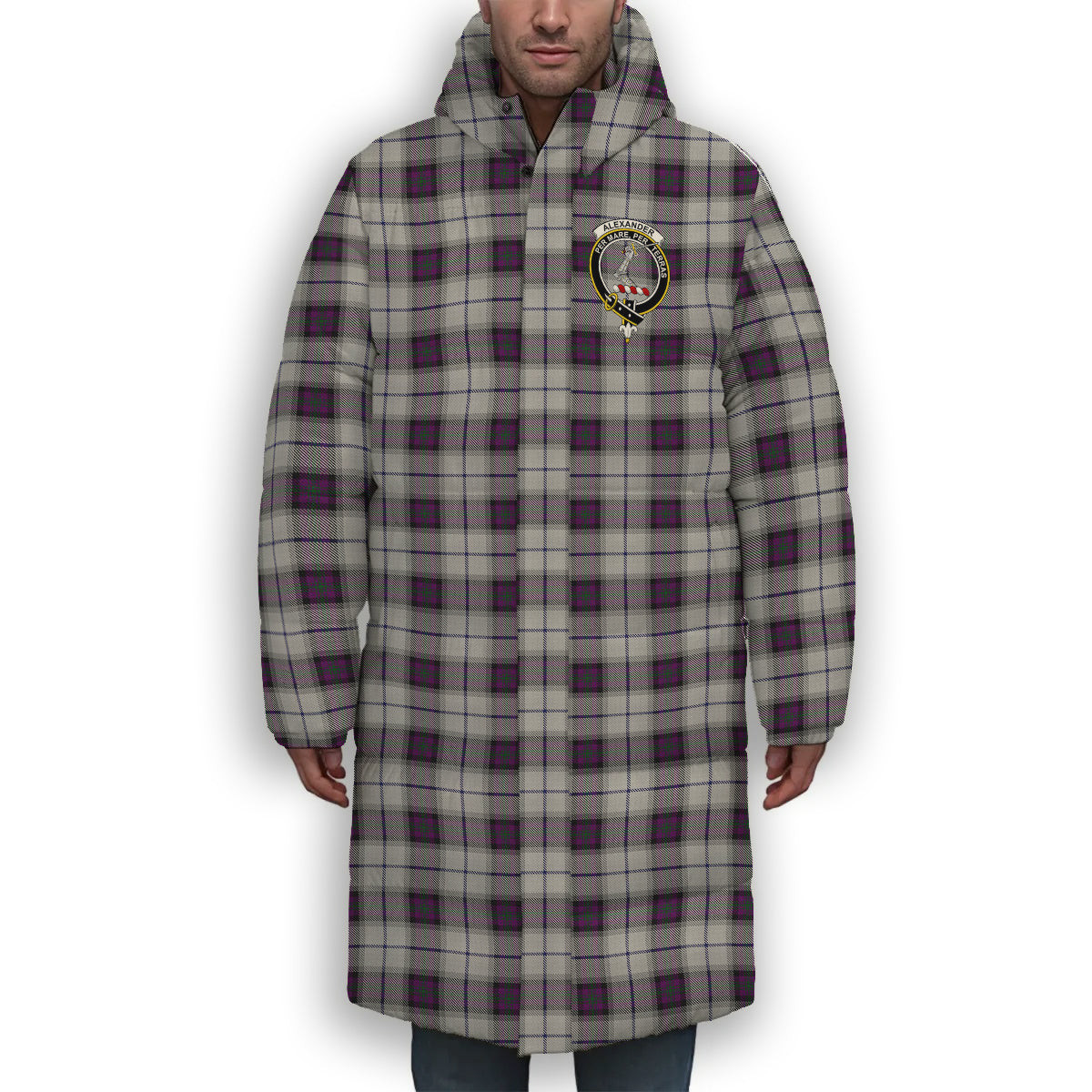 ScotsTee Shop Scottish Alexander of Menstry Dress Crest Tartan Long Down Jacket Winter White Duck Down Plaid