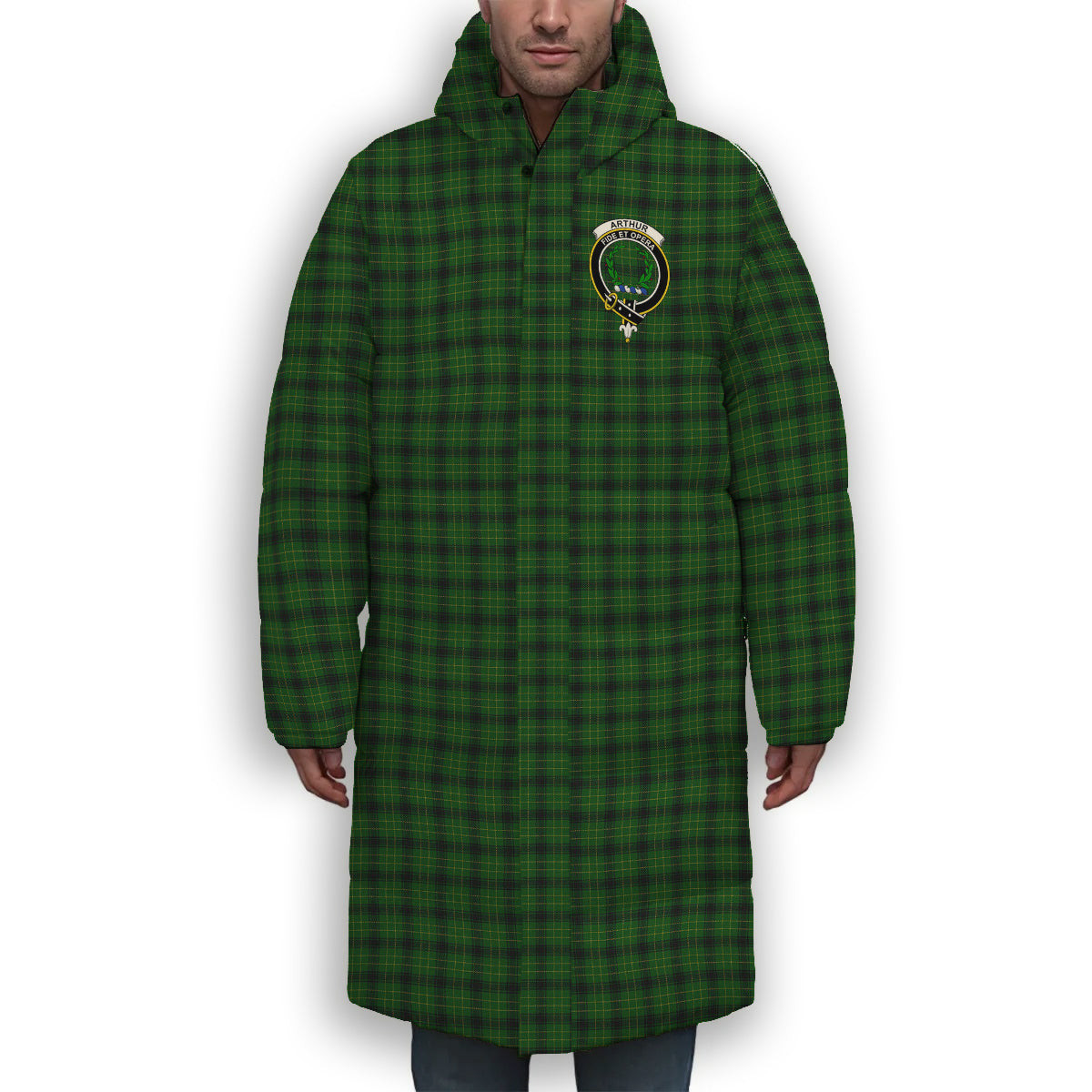 ScotsTee Shop Scottish Arthur Highland Society Crest Tartan Long Down Jacket Winter White Duck Down Plaid