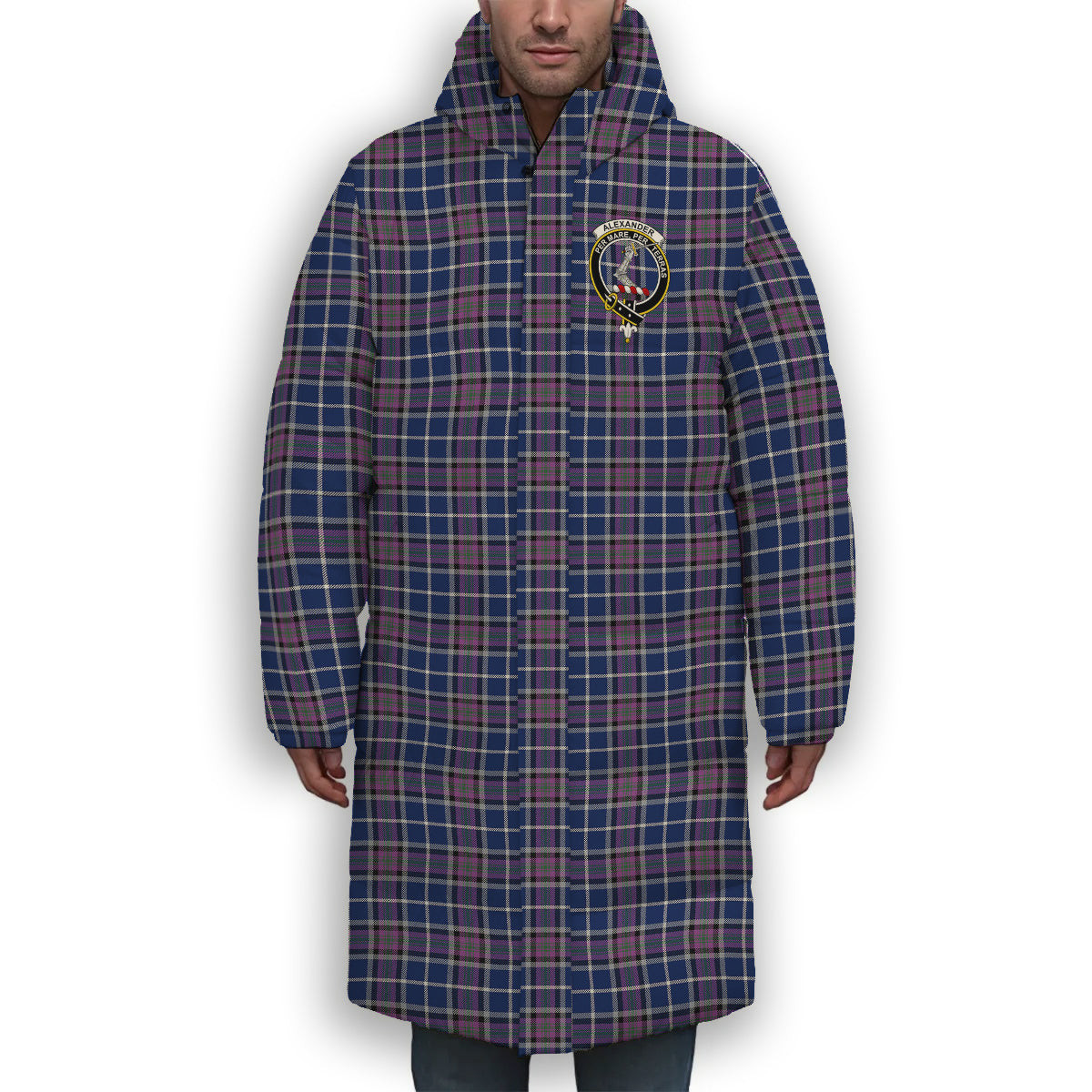 ScotsTee Shop Scottish Alexander of Menstry Modern Crest Tartan Long Down Jacket Winter White Duck Down Plaid