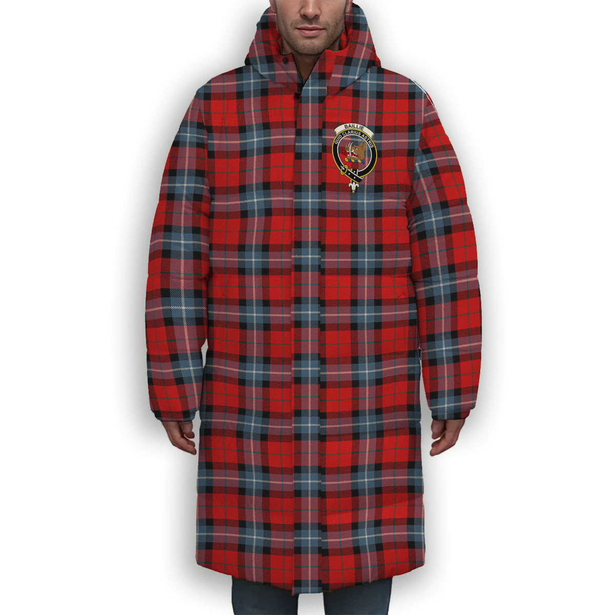 ScotsTee Shop Scottish Baillie of Polkemmet Red Modern Crest Tartan Long Down Jacket Winter White Duck Down Plaid