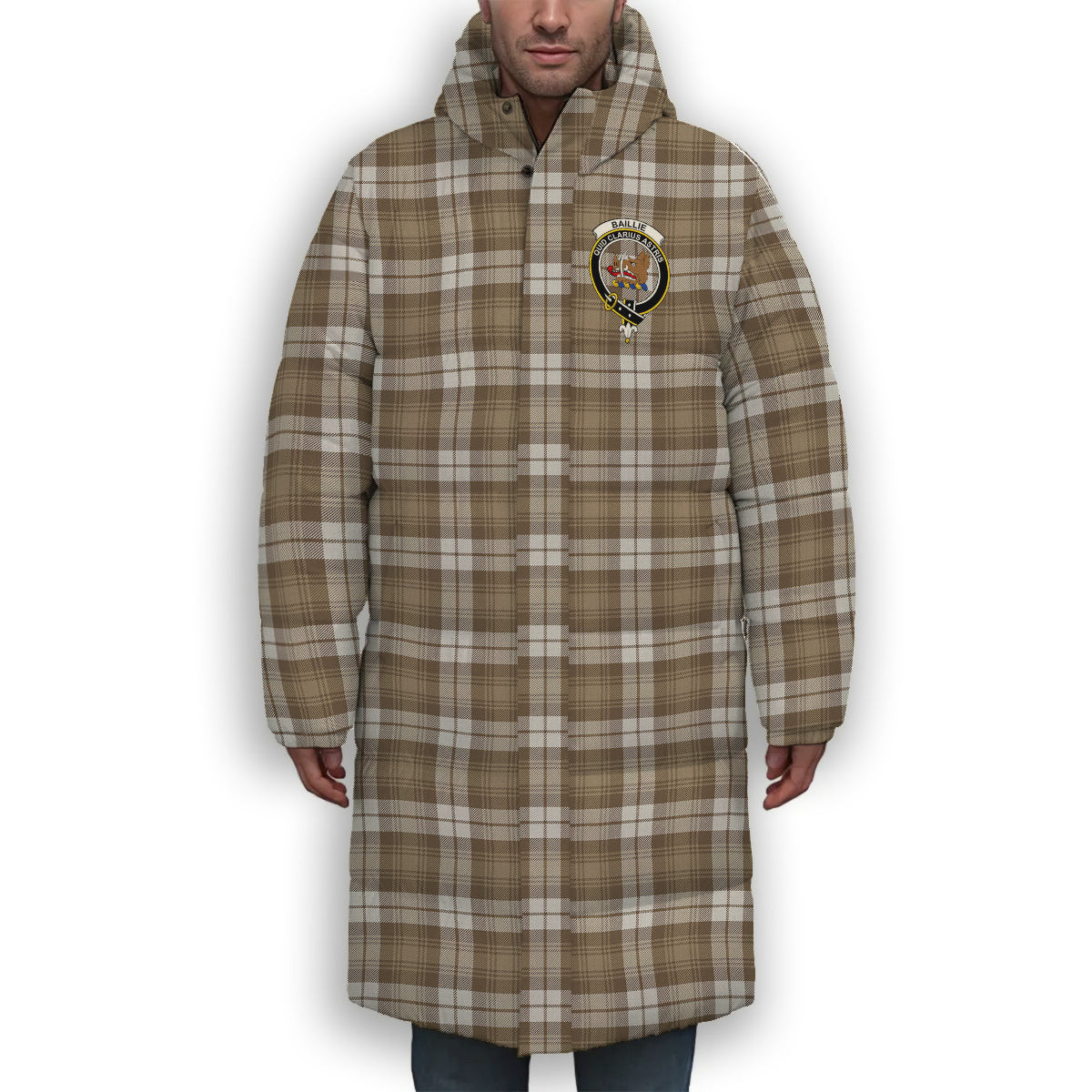 ScotsTee Shop Scottish Baillie Dress Ancient Clan Crest Tartan Long Down Jacket Winter White Duck Down Plaid