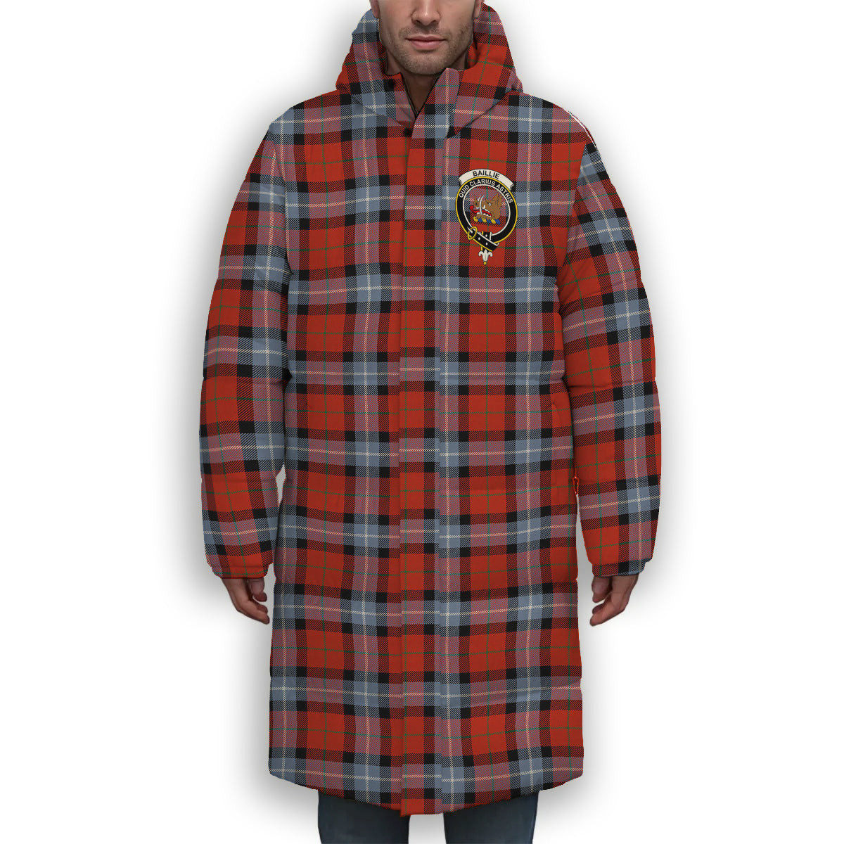 ScotsTee Shop Scottish Baillie of Polkemmet Red Ancient Crest Tartan Long Down Jacket Winter White Duck Down Plaid