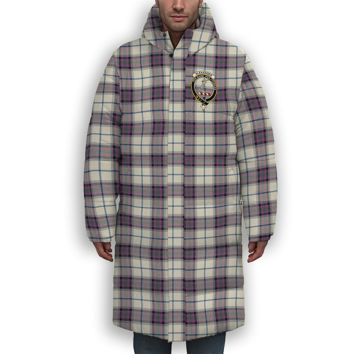 ScotsTee Shop Scottish Alexander of Menstry Dress Ancient Crest Tartan Long Down Jacket Winter White Duck Down Plaid