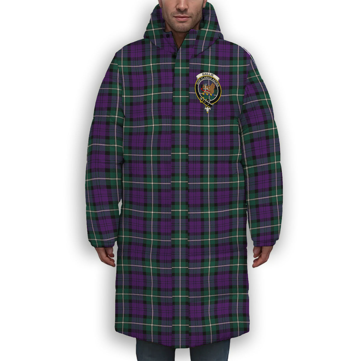 ScotsTee Shop Scottish Baillie Highland Society Modern Crest Tartan Long Down Jacket Winter White Duck Down Plaid