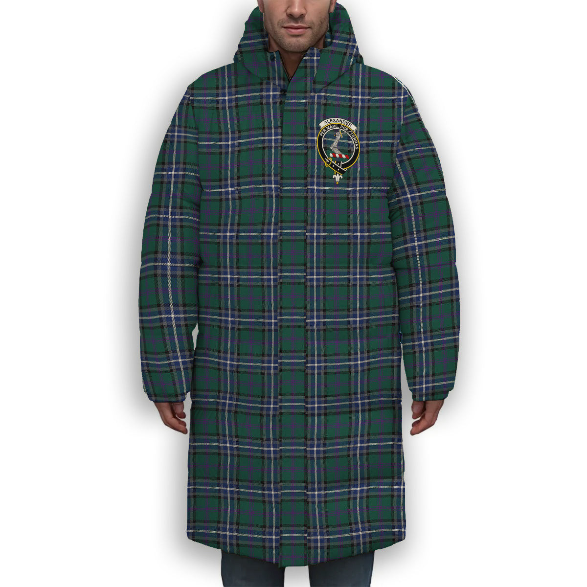 ScotsTee Shop Scottish Alexander of Menstry Hunting Modern Crest Tartan Long Down Jacket Winter White Duck Down Plaid