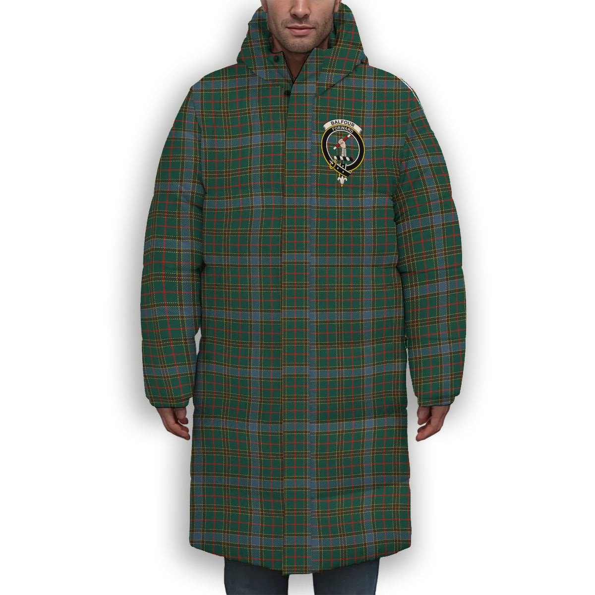 ScotsTee Shop Scottish Balfour Hunting Modern Crest Tartan Long Down Jacket Winter White Duck Down Plaid