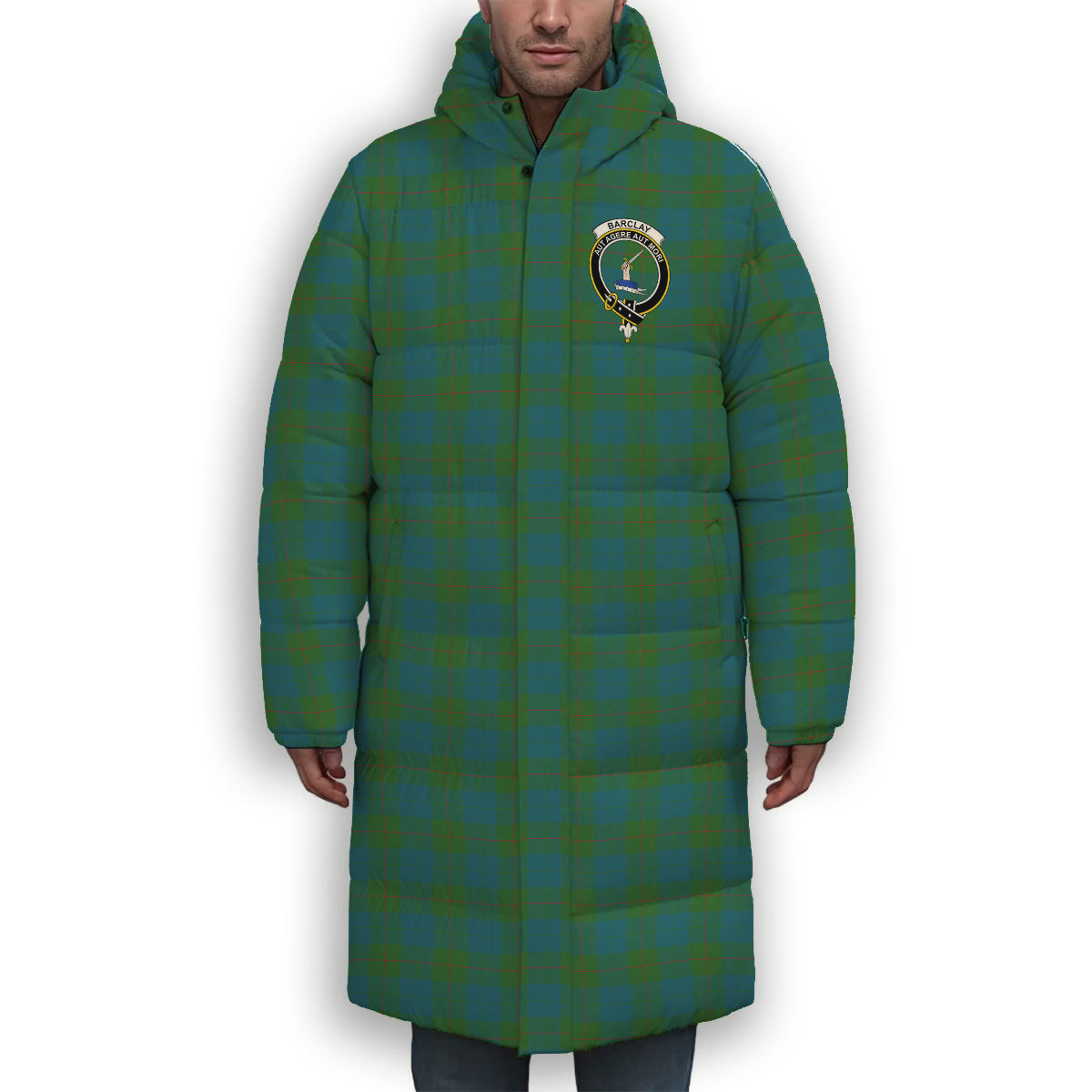 ScotsTee Shop Scottish Barclay Hunting Ancient Clan Crest Tartan Long Down Jacket Winter White Duck Down Plaid