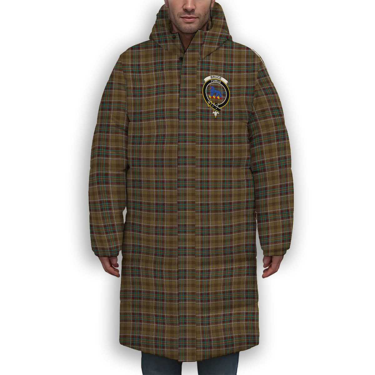 ScotsTee Shop Scottish Bruce of Kinnaird (Vivienne Westwood Design) Crest Tartan Long Down Jacket Winter White Duck Down Plaid