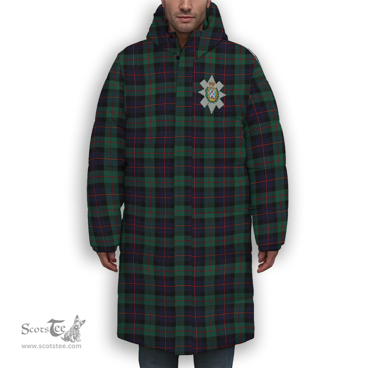 ScotsTee Shop Scottish Black Watch Coarse Kilt Modern Crest Tartan Long Down Jacket Winter White Duck Down Plaid