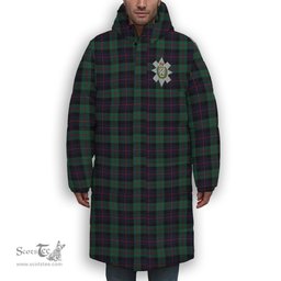 ScotsTee Shop Scottish Black Watch Coarse Kilt Modern Crest Tartan Long Down Jacket Winter White Duck Down Plaid