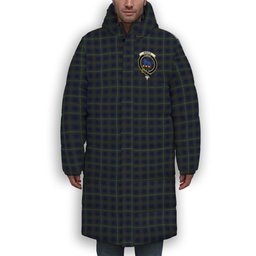 ScotsTee Shop Scottish Bruce of Crionaich Crest Tartan Long Down Jacket Winter White Duck Down Plaid