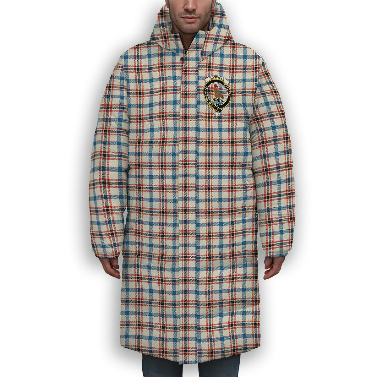 ScotsTee Shop Scottish Boswell Dress Ancient Crest Tartan Long Down Jacket Winter White Duck Down Plaid