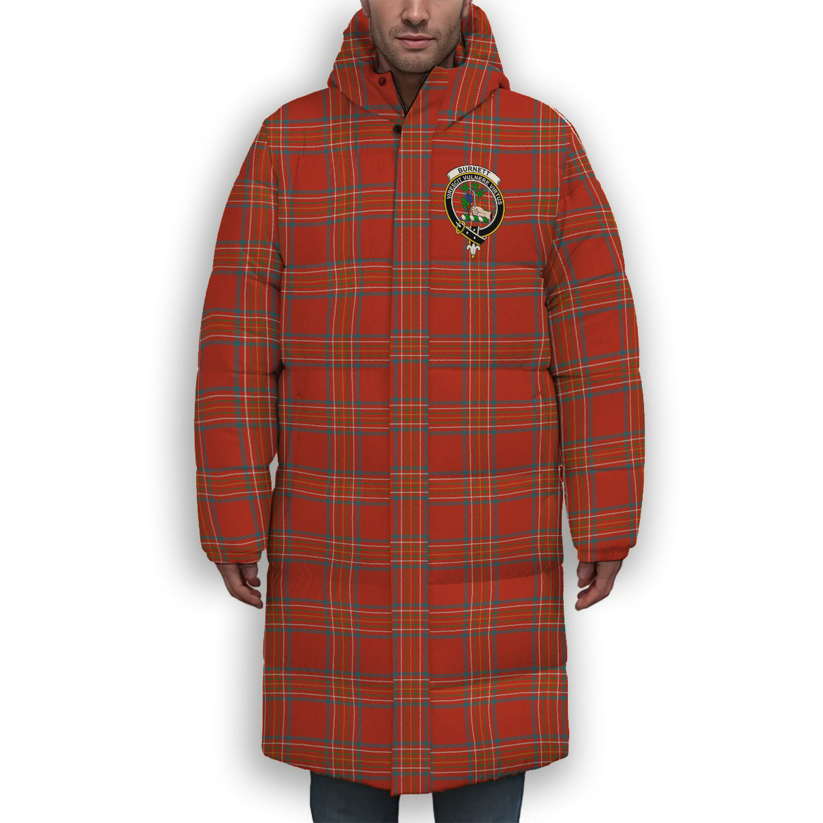 ScotsTee Shop Scottish Burnett of Leys Ancient Crest Tartan Long Down Jacket Winter White Duck Down Plaid