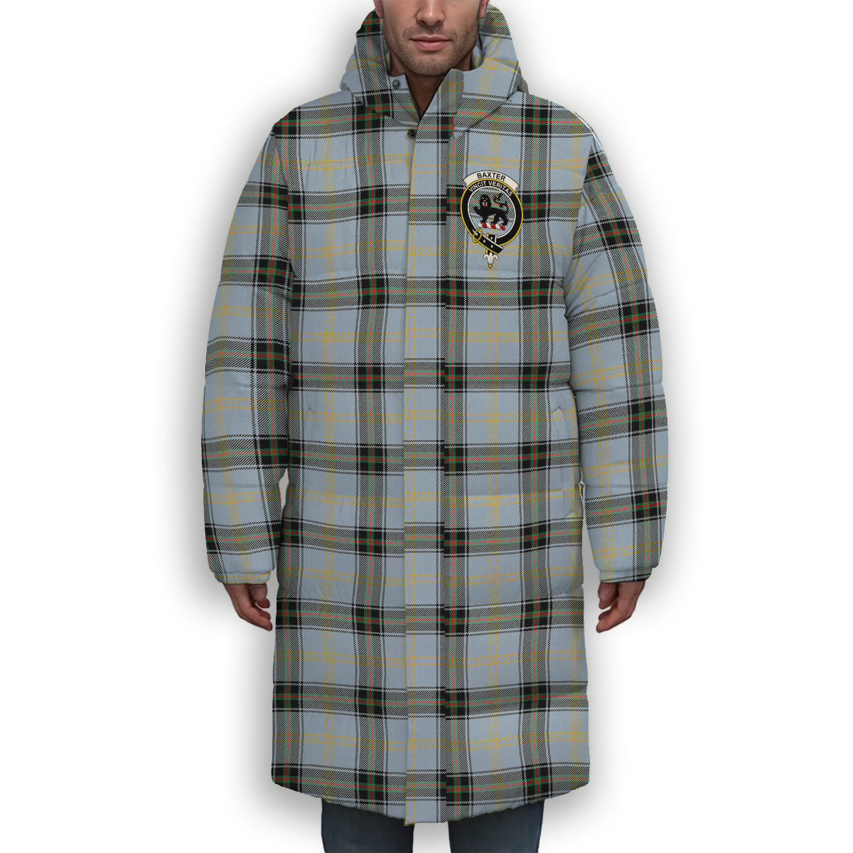 ScotsTee Shop Scottish Baxter of Balgavies Ancient Crest Tartan Long Down Jacket Winter White Duck Down Plaid