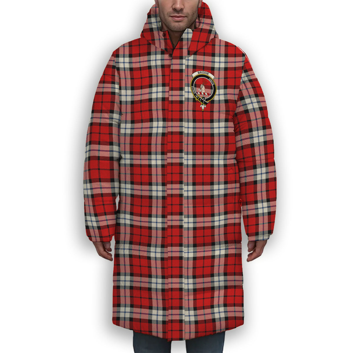 ScotsTee Shop Scottish Brodie Dress Modern Crest Tartan Long Down Jacket Winter White Duck Down Plaid