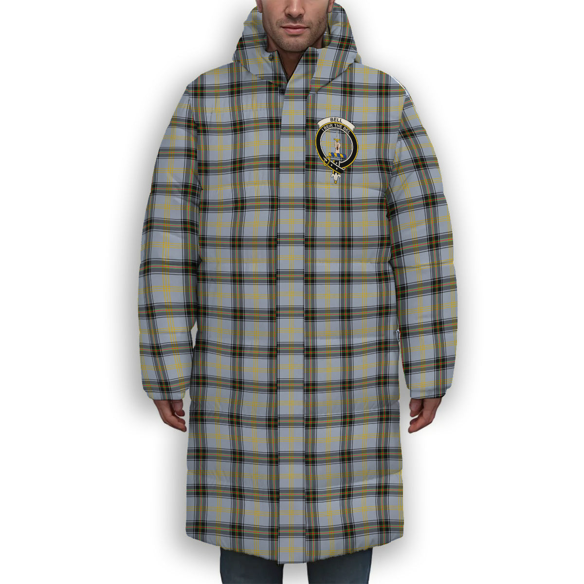 ScotsTee Shop Scottish Bell of the Borders SC Crest Tartan Long Down Jacket Winter White Duck Down Plaid