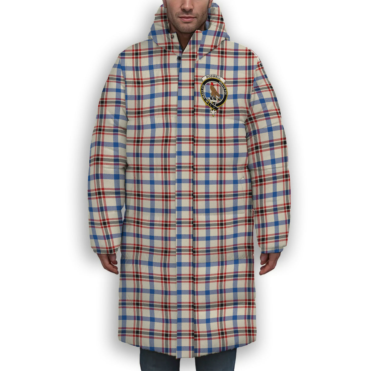 ScotsTee Shop Scottish Boswell Dress Modern Crest Tartan Long Down Jacket Winter White Duck Down Plaid