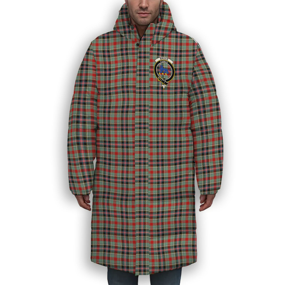 ScotsTee Shop Scottish Bruce of Kinnaird Modern Crest Tartan Long Down Jacket Winter White Duck Down Plaid